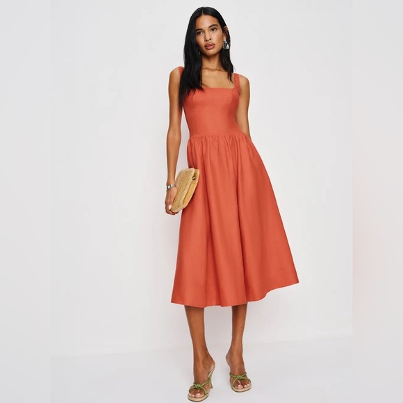 NEW Reformation Janu Midi Linen Dress Red Coral Orange | US 0 UK 4 - Picture 7 of 16